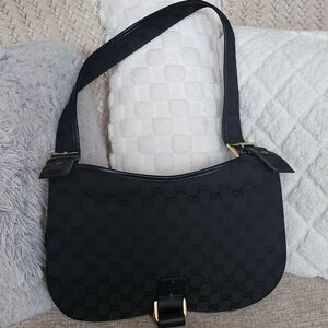 Gucci Black GG Canvas Monogram and Leather Shoulder Bag..Authentic w/ COA...